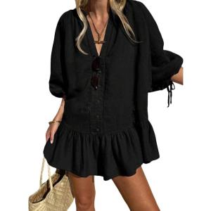 imageCHARTOU Women Summer Lace Ruffle Mini Dress 34 Bow Sleeve Beach Loose Peplum Babydoll DressBlack