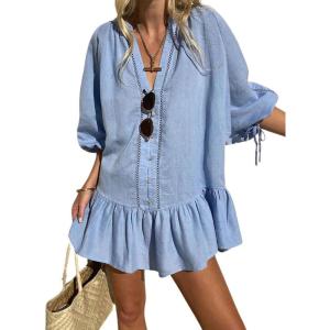 imageCHARTOU Women Summer Lace Ruffle Mini Dress 34 Bow Sleeve Beach Loose Peplum Babydoll DressBlue