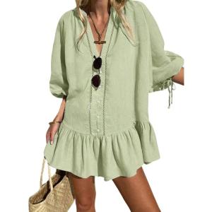 imageCHARTOU Women Summer Lace Ruffle Mini Dress 34 Bow Sleeve Beach Loose Peplum Babydoll DressGreen