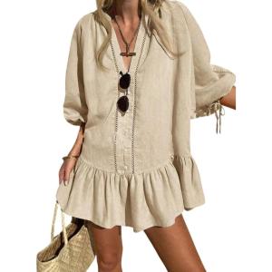 imageCHARTOU Women Summer Lace Ruffle Mini Dress 34 Bow Sleeve Beach Loose Peplum Babydoll DressKhaki
