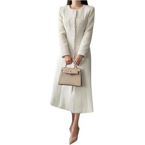 imageCHARTOU Women Tweed Dress Long Sleeve Single Breast Elegant Lady Long Tweed Blazer DressWhite