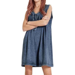 imageCHARTOU Women Vintage Mini Denim Dress Striped Sleeveless Jean Dress Short Smocked Dress Shift Dress DrawstringDark Blue