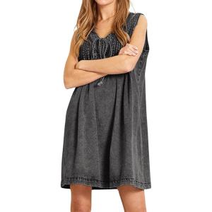 imageCHARTOU Women Vintage Mini Denim Dress Striped Sleeveless Jean Dress Short Smocked Dress Shift Dress DrawstringGrey