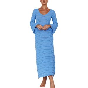 imageCHARTOU Womens Bodycon Dresses Knit Cut Out Sexy Long Sleeve Maxi Dress Ribbed Sweater Dress Fall 2024Blue