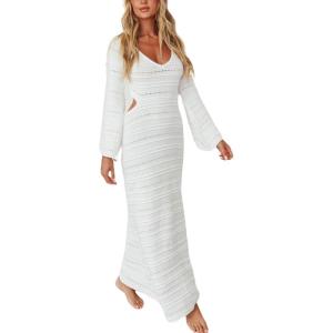 imageCHARTOU Womens Bodycon Dresses Knit Cut Out Sexy Long Sleeve Maxi Dress Ribbed Sweater Dress Fall 2024White