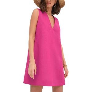 imageCHARTOU Womens Casual Vest Short Dress Cotton Linen V Neck Sleeveless A Line Mini Dress Loose Solid SundressPink