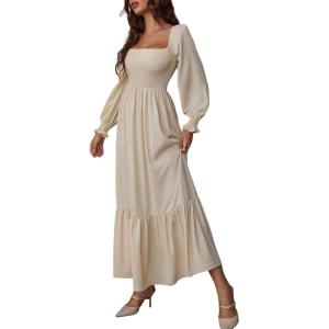 imageCHARTOU Womens Square Neck Long Puff Sleeve Smocked Pleated ALine Flared DressApricot