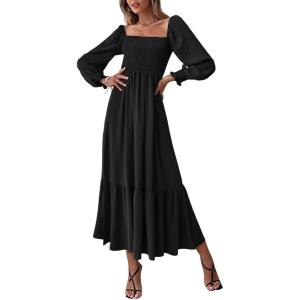 imageCHARTOU Womens Square Neck Long Puff Sleeve Smocked Pleated ALine Flared DressBlack
