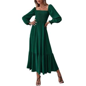 imageCHARTOU Womens Square Neck Long Puff Sleeve Smocked Pleated ALine Flared DressGreen