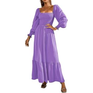 imageCHARTOU Womens Square Neck Long Puff Sleeve Smocked Pleated ALine Flared DressPurple