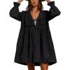 imageCHARTOU Long Sleeve Jean Dresses for Women 2024 Trendy Smocked Babydoll Bow Tie Front Denim Dress SummerBlack