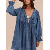 imageCHARTOU Long Sleeve Jean Dresses for Women 2024 Trendy Smocked Babydoll Bow Tie Front Denim Dress SummerBlue