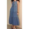 imageCHARTOU Women Bow Tie Front Lightweight Denim Dress Sleeveless Flowy Long Tank Dress with PocketsBlue