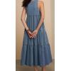 imageCHARTOU Women Bow Tie Front Lightweight Denim Dress Sleeveless Flowy Long Tank Dress with PocketsBlue