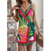 imageCHARTOU Women Summer Short Floral Boho Wrap Dress Spaghetti Strap Side Tie Asymmetrical Mini DressGreen