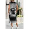imageCHARTOU Women Summer Stripes Long Dress Cap Sleeve Adjustable Drawstring Waist Side Slit Midi DressBlack