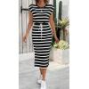 imageCHARTOU Women Summer Stripes Long Dress Cap Sleeve Adjustable Drawstring Waist Side Slit Midi DressBlack
