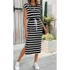 imageCHARTOU Women Summer Stripes Long Dress Cap Sleeve Adjustable Drawstring Waist Side Slit Midi DressBlack
