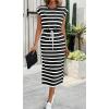 imageCHARTOU Women Summer Stripes Long Dress Cap Sleeve Adjustable Drawstring Waist Side Slit Midi DressBlack
