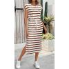 imageCHARTOU Women Summer Stripes Long Dress Cap Sleeve Adjustable Drawstring Waist Side Slit Midi DressBrown