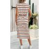 imageCHARTOU Women Summer Stripes Long Dress Cap Sleeve Adjustable Drawstring Waist Side Slit Midi DressBrown