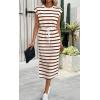 imageCHARTOU Women Summer Stripes Long Dress Cap Sleeve Adjustable Drawstring Waist Side Slit Midi DressBrown