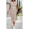 imageCHARTOU Women Summer Stripes Long Dress Cap Sleeve Adjustable Drawstring Waist Side Slit Midi DressBrown