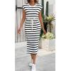 imageCHARTOU Women Summer Stripes Long Dress Cap Sleeve Adjustable Drawstring Waist Side Slit Midi DressWhite