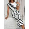 imageCHARTOU Women Summer Stripes Long Dress Cap Sleeve Adjustable Drawstring Waist Side Slit Midi DressWhite