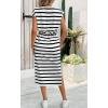 imageCHARTOU Women Summer Stripes Long Dress Cap Sleeve Adjustable Drawstring Waist Side Slit Midi DressWhite