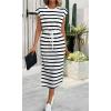 imageCHARTOU Women Summer Stripes Long Dress Cap Sleeve Adjustable Drawstring Waist Side Slit Midi DressWhite