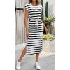 imageCHARTOU Women Summer Stripes Long Dress Cap Sleeve Adjustable Drawstring Waist Side Slit Midi DressWhite