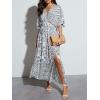 imageCHARTOU Womens Boho V Neck Batwing Short Sleeve Side Slit Floral Smocked Beach Maxi Long Sun DressBlue