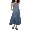 imageCHARTOU Women Bow Tie Front Lightweight Denim Dress Sleeveless Flowy Long Tank Dress with PocketsBlue