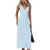 imageCHARTOU Women Button Down Sleeveless Cotton Maxi Dress Elegant V Neck Cinched High Waist Vest DressBlue