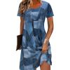 imageCHARTOU Women Crew Neck Patchwork Denim Dress Short Sleeve Printed Club Faux Jean DressesBlue