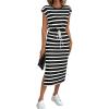 imageCHARTOU Women Summer Stripes Long Dress Cap Sleeve Adjustable Drawstring Waist Side Slit Midi DressBlack