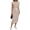 imageCHARTOU Women Summer Stripes Long Dress Cap Sleeve Adjustable Drawstring Waist Side Slit Midi DressBrown