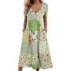 imageCHARTOU Women V Neck Boho Floral Patchwork Dress Beach Short Sleeve Cinched Loose Tunic DressGreen