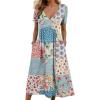 imageCHARTOU Women V Neck Boho Floral Patchwork Dress Beach Short Sleeve Cinched Loose Tunic DressPink