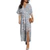 imageCHARTOU Womens Boho V Neck Batwing Short Sleeve Side Slit Floral Smocked Beach Maxi Long Sun DressBlue