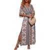 imageCHARTOU Womens Boho V Neck Batwing Short Sleeve Side Slit Floral Smocked Beach Maxi Long Sun DressDark Blue