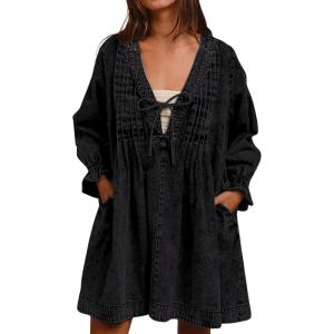 imageCHARTOU Long Sleeve Jean Dresses for Women 2024 Trendy Smocked Babydoll Bow Tie Front Denim Dress SummerBlack