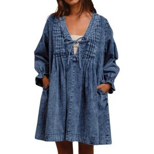 imageCHARTOU Long Sleeve Jean Dresses for Women 2024 Trendy Smocked Babydoll Bow Tie Front Denim Dress SummerBlue