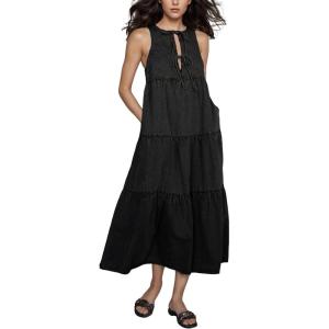 imageCHARTOU Women Bow Tie Front Lightweight Denim Dress Sleeveless Flowy Long Tank Dress with PocketsBlack