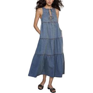 imageCHARTOU Women Bow Tie Front Lightweight Denim Dress Sleeveless Flowy Long Tank Dress with PocketsBlue