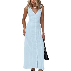 imageCHARTOU Women Button Down Sleeveless Cotton Maxi Dress Elegant V Neck Cinched High Waist Vest DressBlue