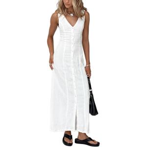 imageCHARTOU Women Button Down Sleeveless Cotton Maxi Dress Elegant V Neck Cinched High Waist Vest DressWhite