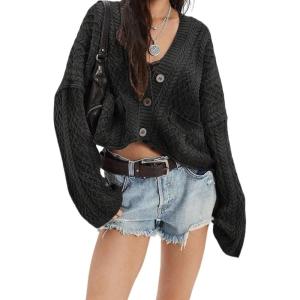 imageCHARTOU Women Cable Chunky Crop Cardigan Sweater V Neck Button Down Flared Sleeve Knit Sweater CoatBlack