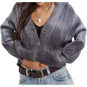 imageCHARTOU Women Cable Chunky Crop Cardigan Sweater V Neck Button Down Flared Sleeve Knit Sweater CoatGrey